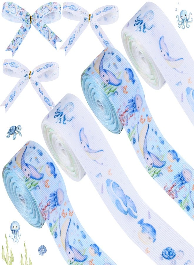Cheerupp 4 Rolls Retro Ocean Theme Ribbons, 20 Yards Craft Ribbons for Wreath Hair Bow Wrapping Gifts Packing, Under the Sea Grosgrain Ribbons Birthday Wedding Gender Reveal Party Home Accessory Decor - Image 1